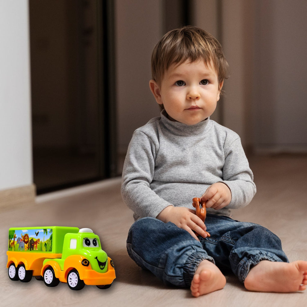 Small green and yellow toy truck showcasing its design.