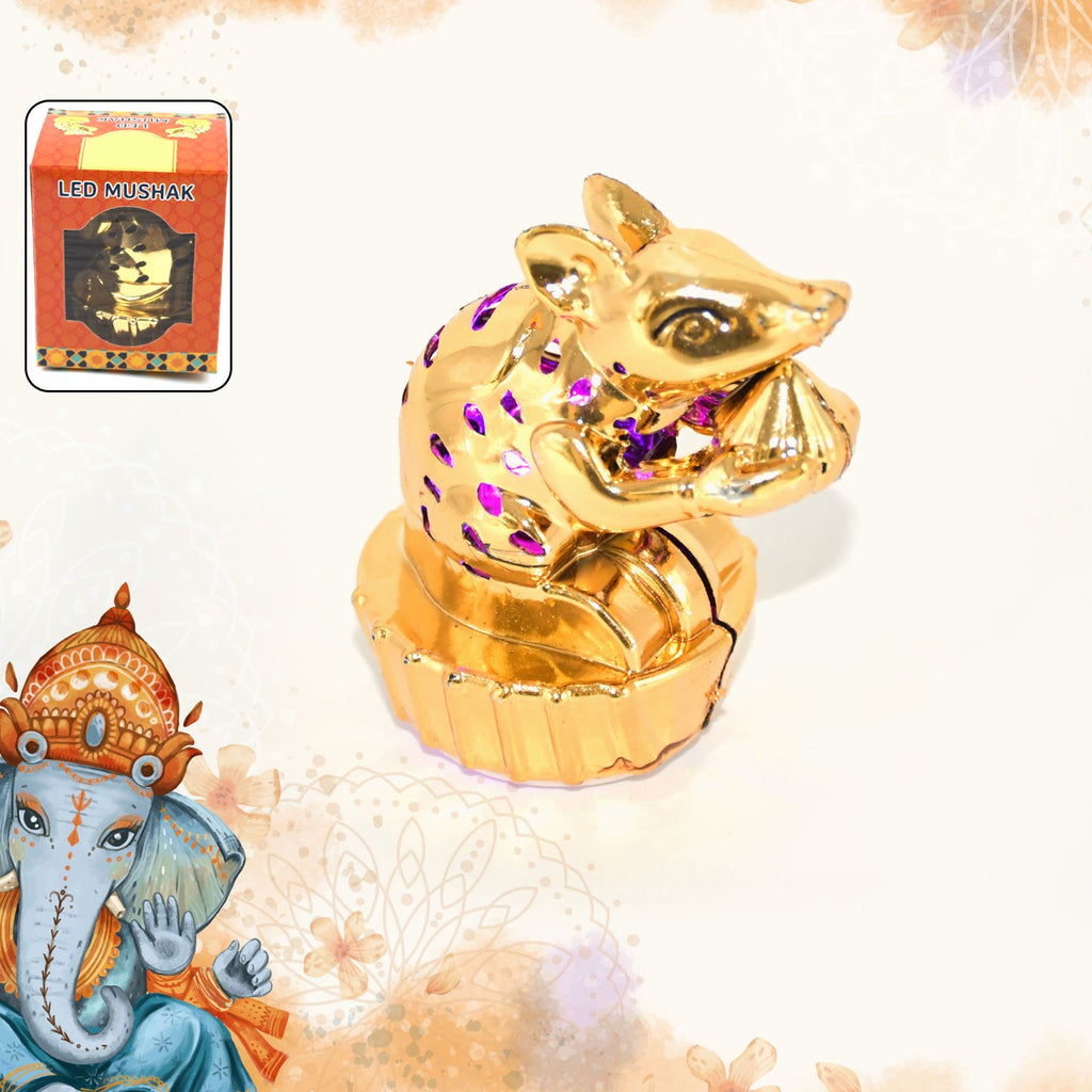 Multicolour LED Mushak illuminating a festive Ganpati altar.