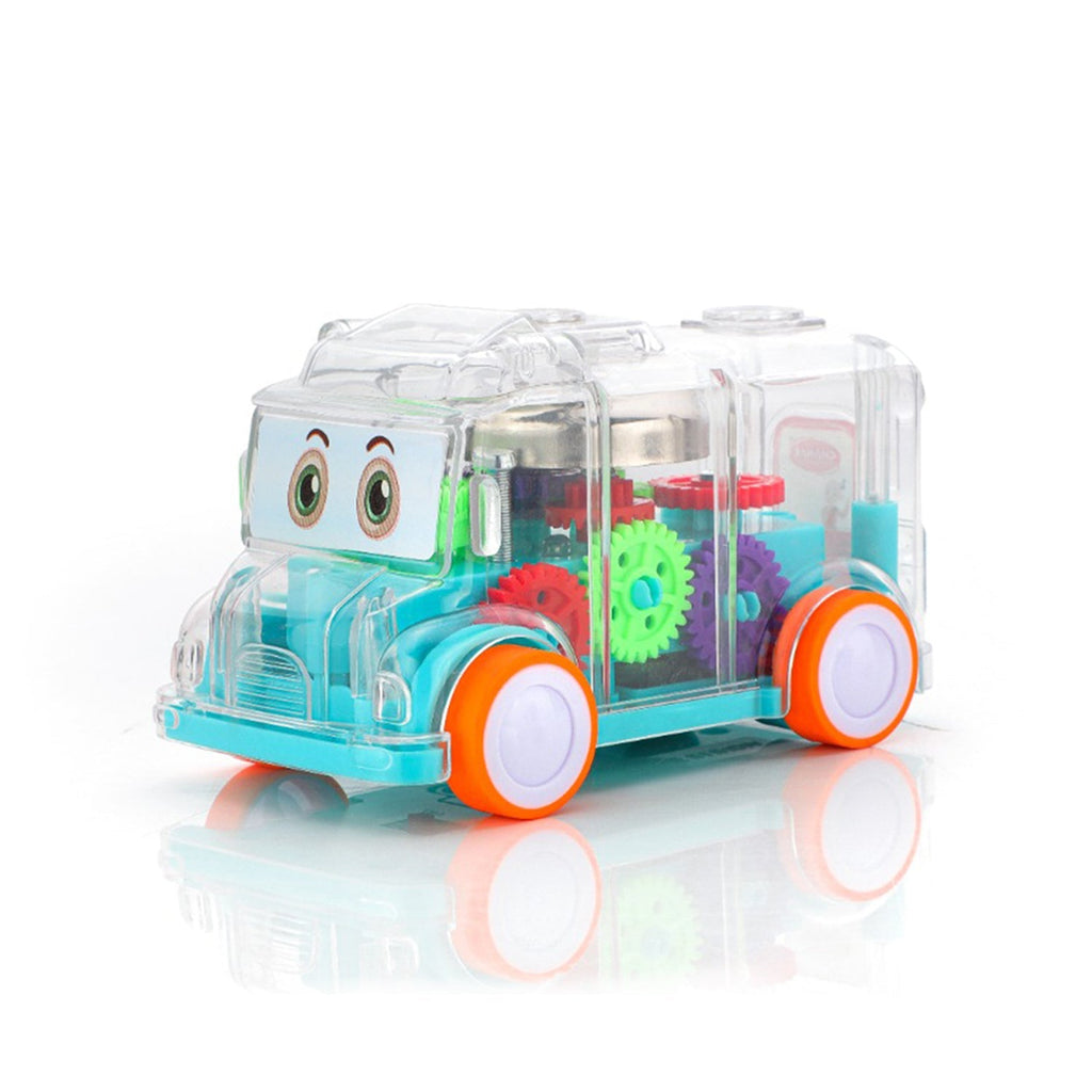 Close-up view of the intricate internal gears of the transparent musical school bus toy.
