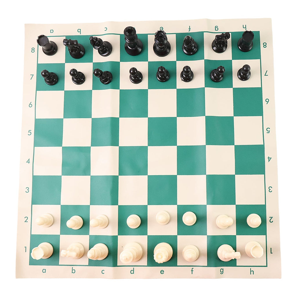 Compact folding chess set with vinyl board and plastic chess pieces