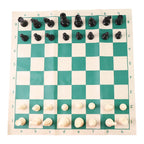 Compact folding chess set with vinyl board and plastic chess pieces