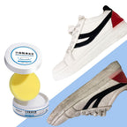 Velvet Wipe Shoe Stain Remover cream tub with sponge, actively cleaning a white sneaker.