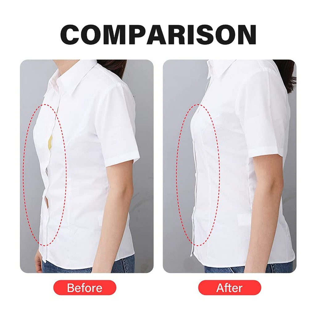 Illustration showing how discreet clothing tape secures a deep V-neckline on a model.