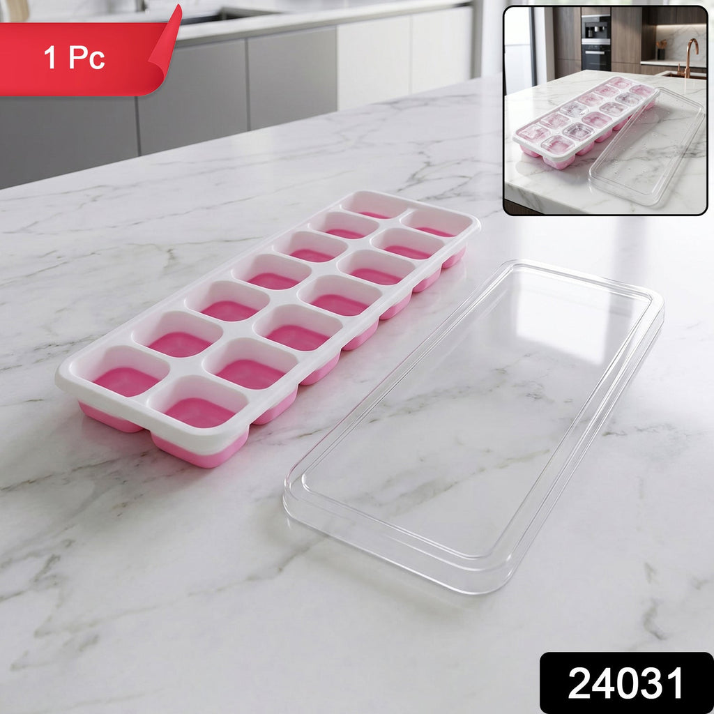 Pink 14-grid plastic ice cube tray with lid for freezer