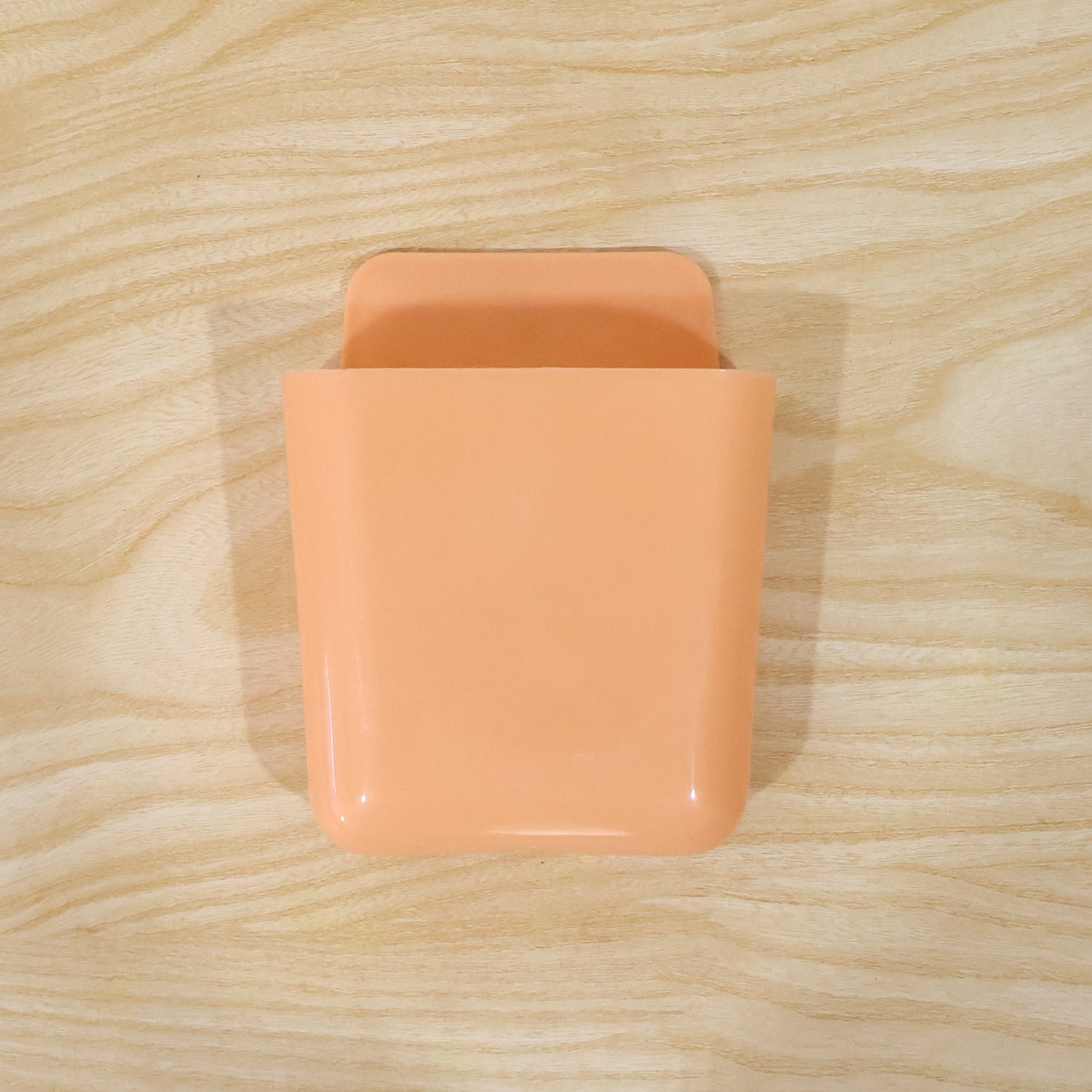 Wall mounted storage pocket holding remote control and mobile phone for easy access