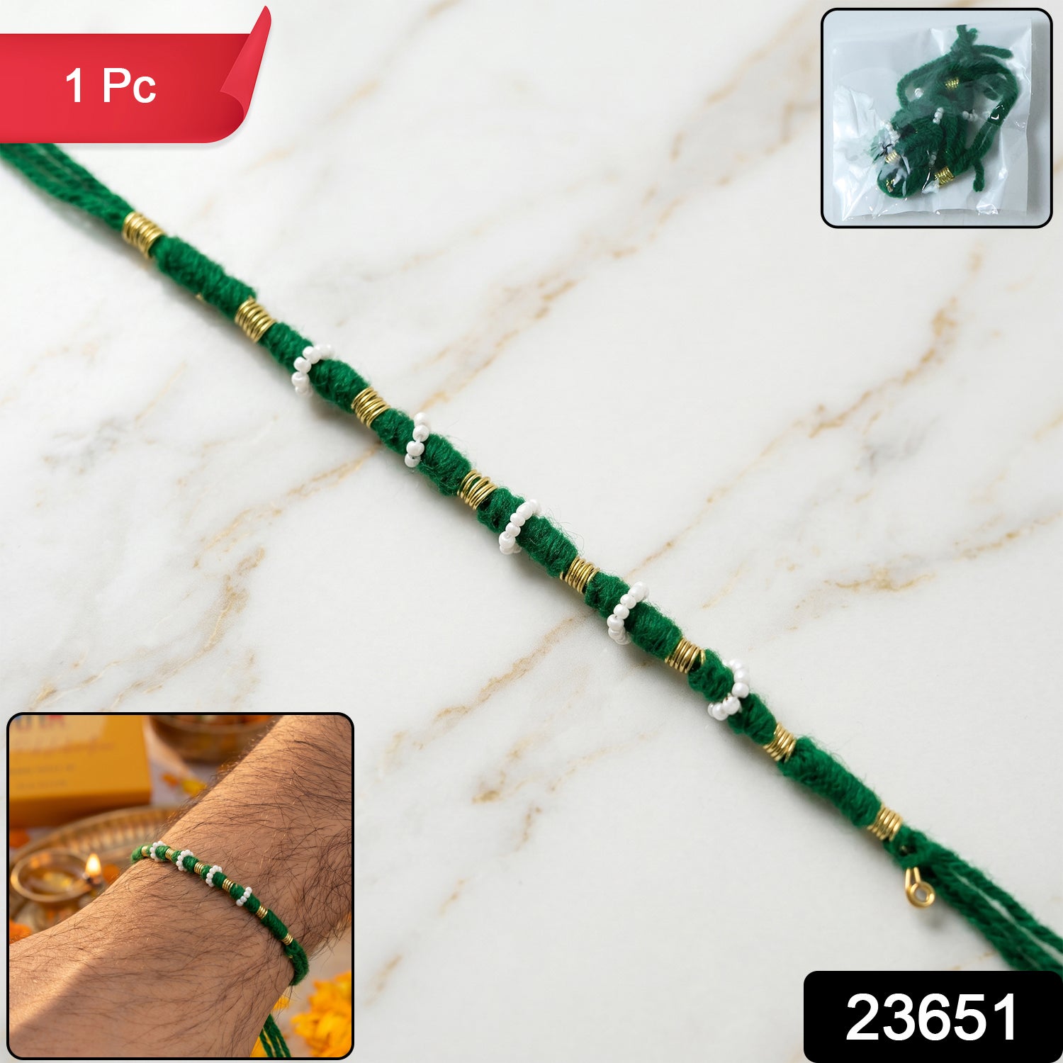 Handmade green cotton thread rakhi for Raksha Bandhan