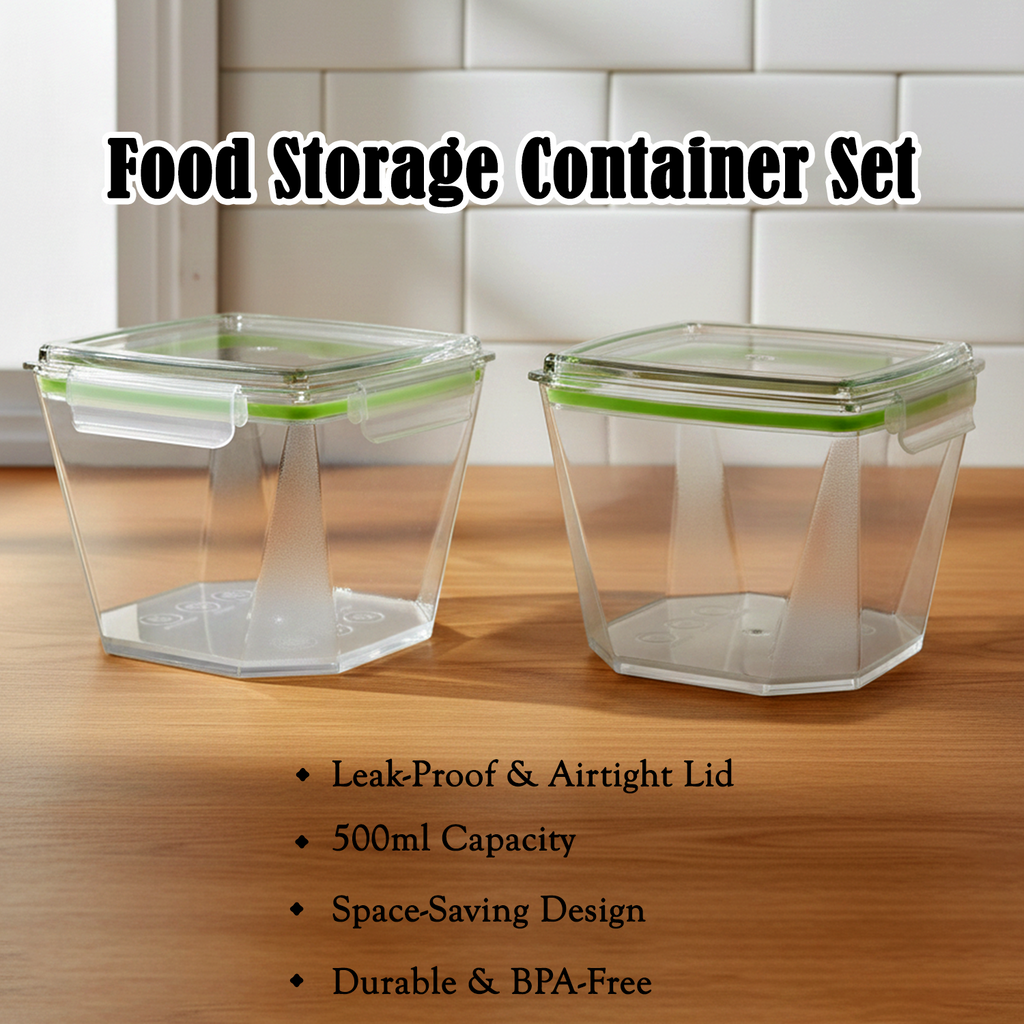 Transparent 500ml food storage containers with secure green lids