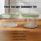 Transparent 500ml food storage containers with secure green lids