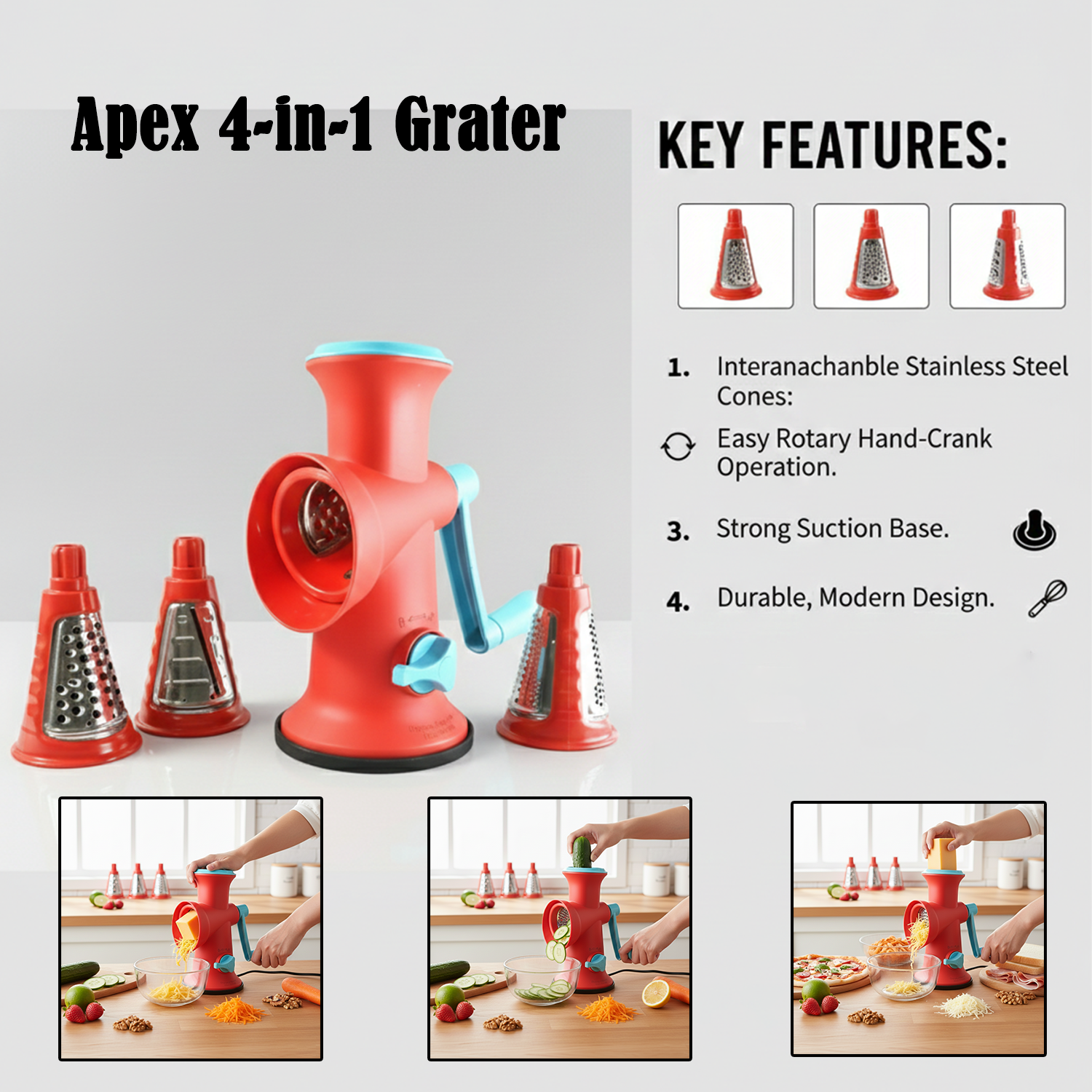Apex 4 in 1 signature rotary grater with hand crank and safety design