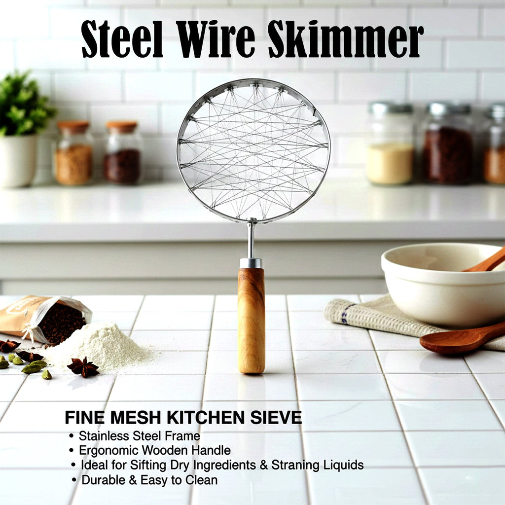 Heat-resistant wooden handle on stainless steel wire skimmer