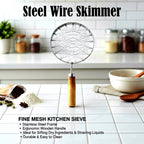 Heat-resistant wooden handle on stainless steel wire skimmer