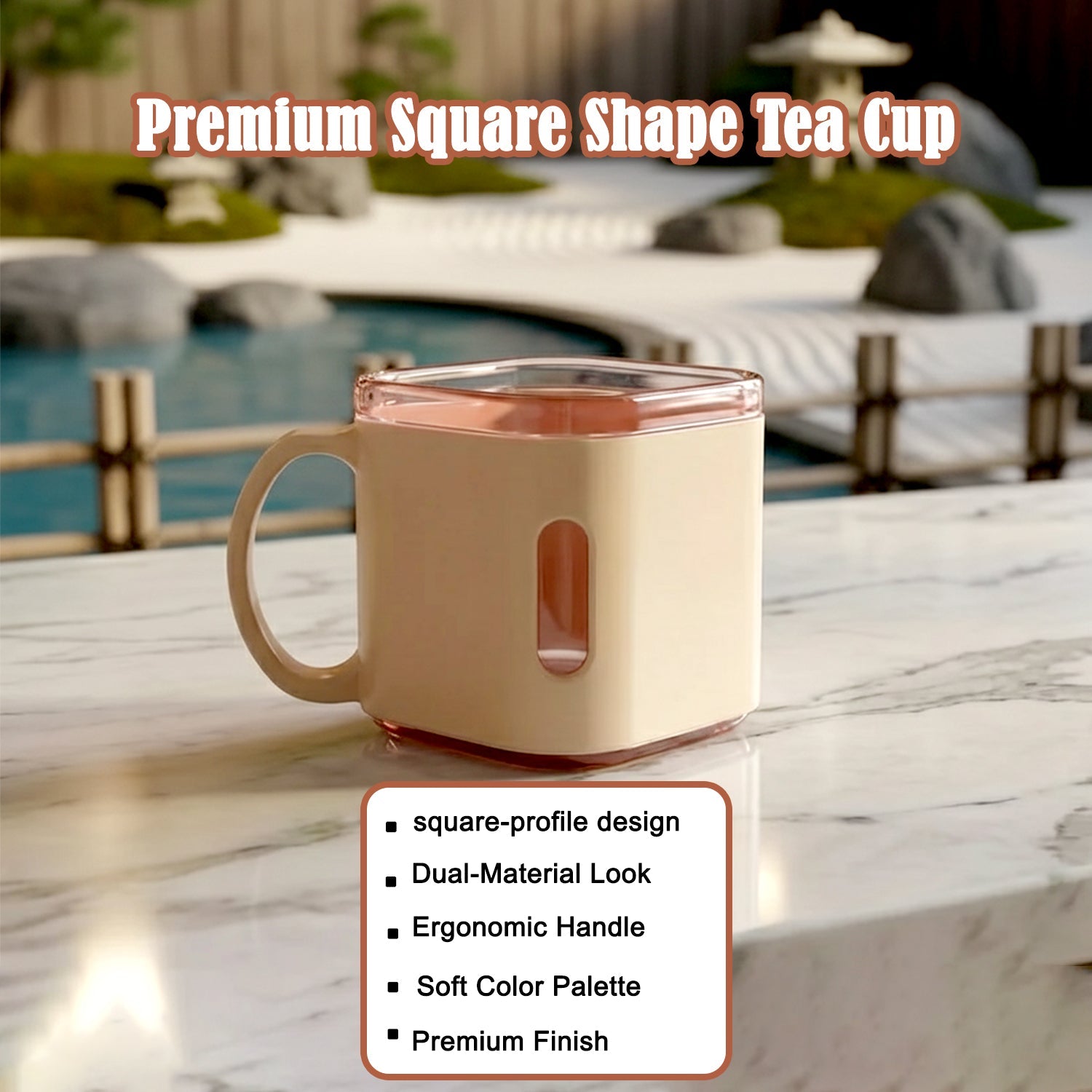 Front view of six-piece square tea cup set with handles