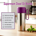 Supermom stainless steel oil pourer with black handle and lid