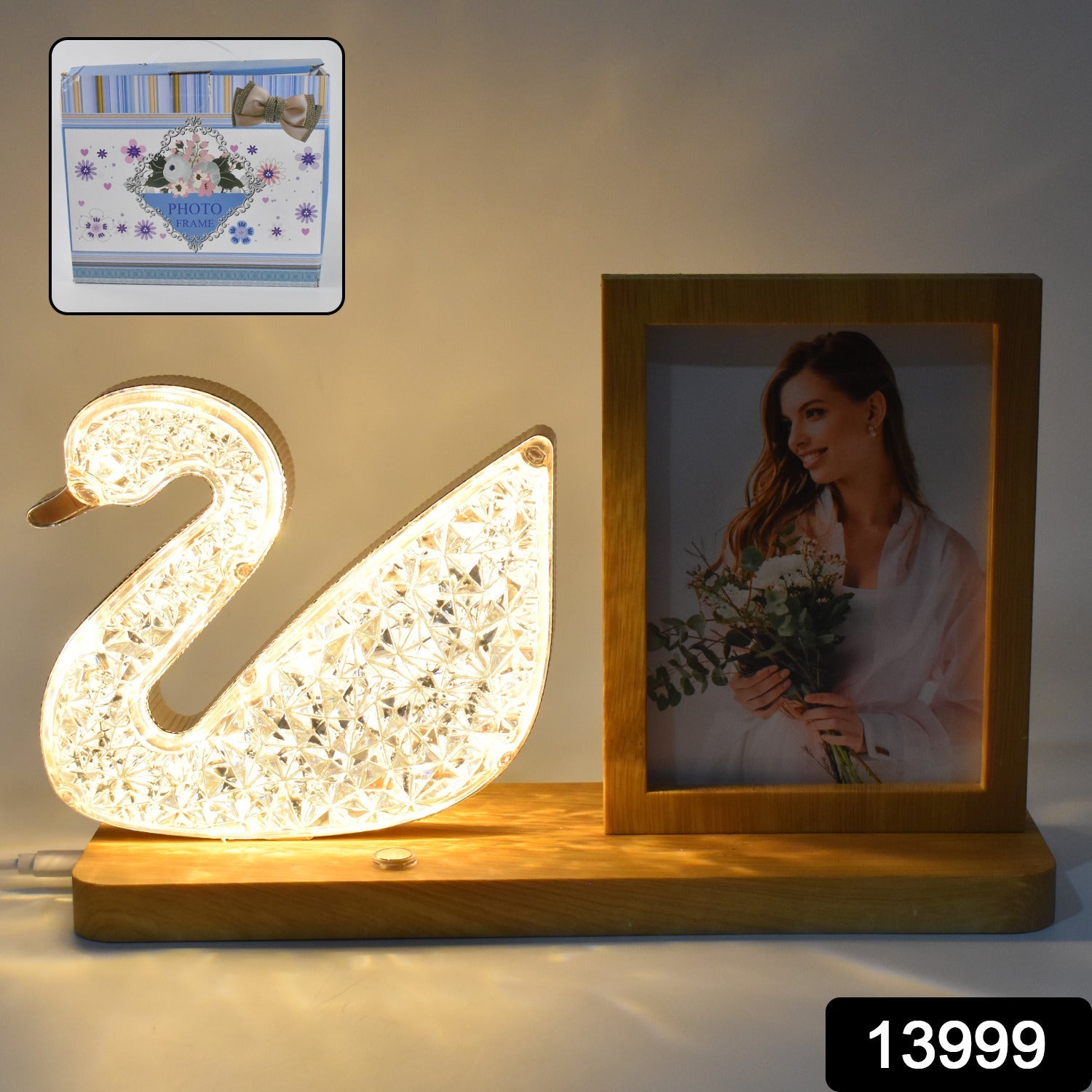Close-up of duck crystal LED lamp showcasing photo frame element