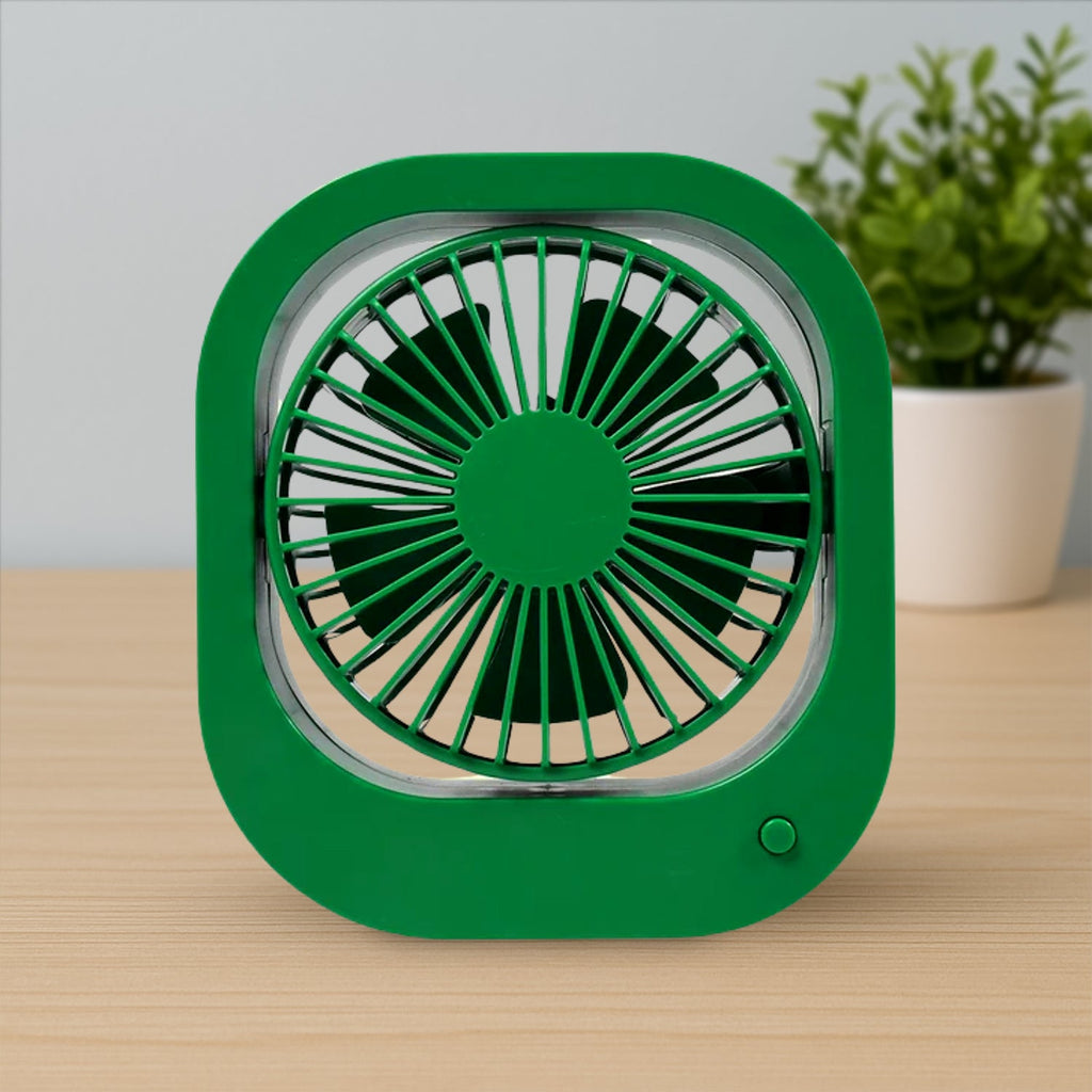 Compact rechargeable fan, model 1110, ideal for personal cooling on a desk.