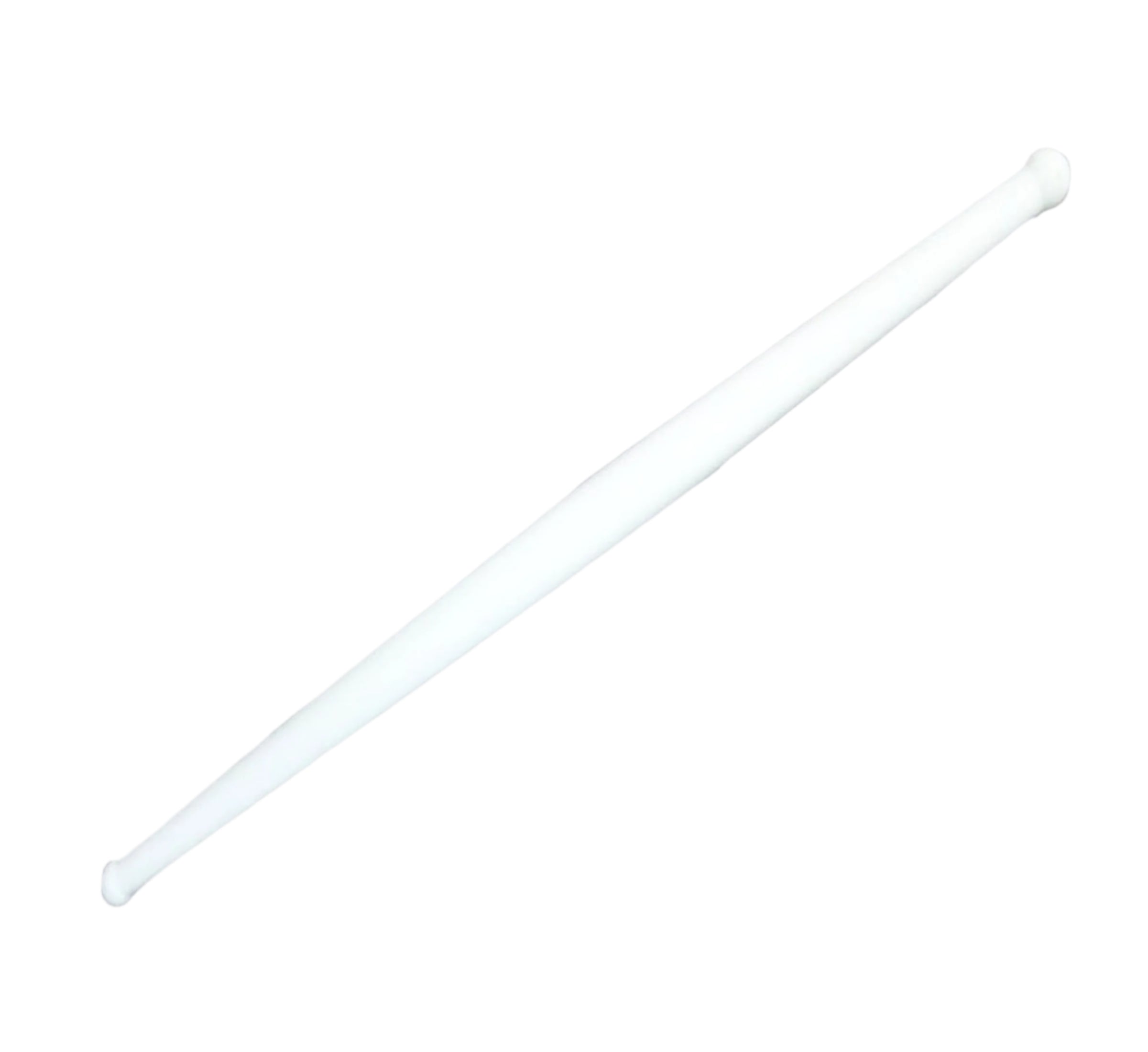 Durable white plastic rolling pin ready for chapati making on a kitchen counter.