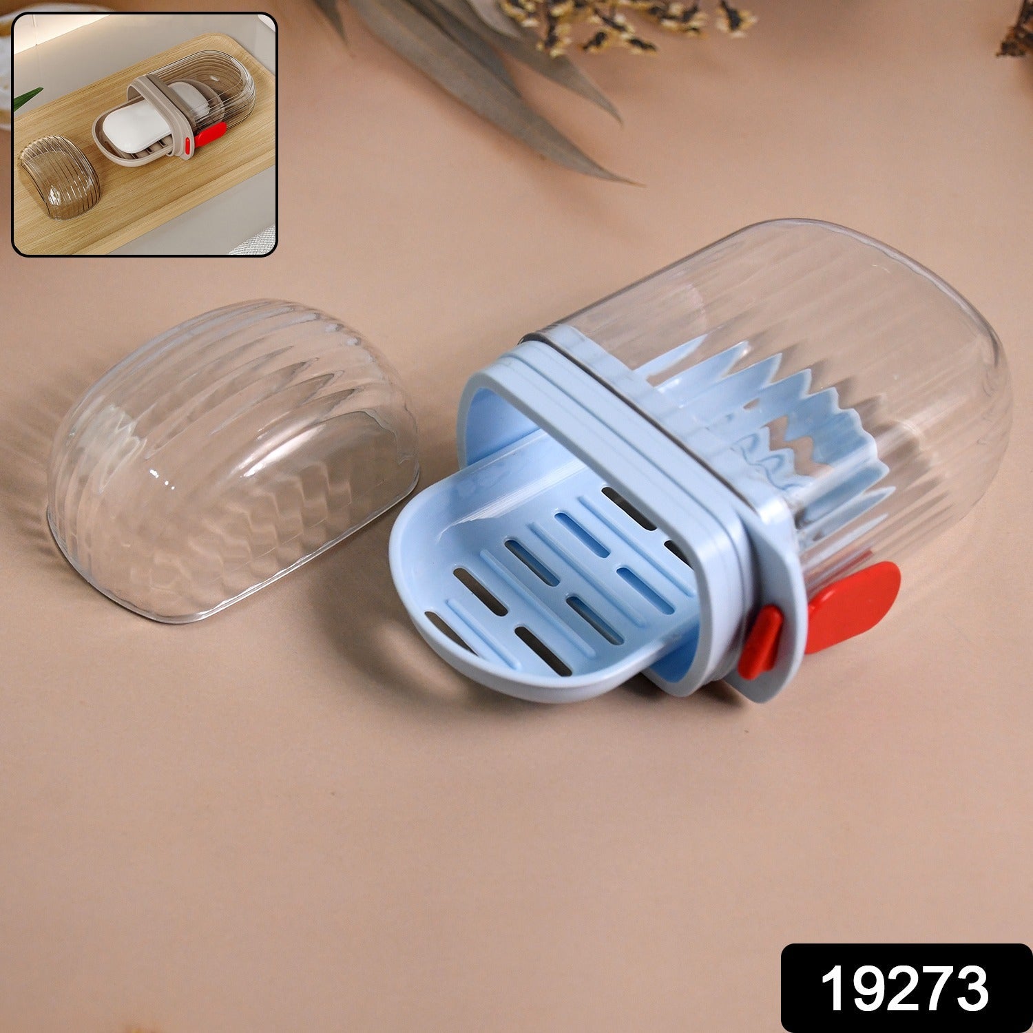 Light blue soap box featuring a secure snap-lock clip to prevent spills