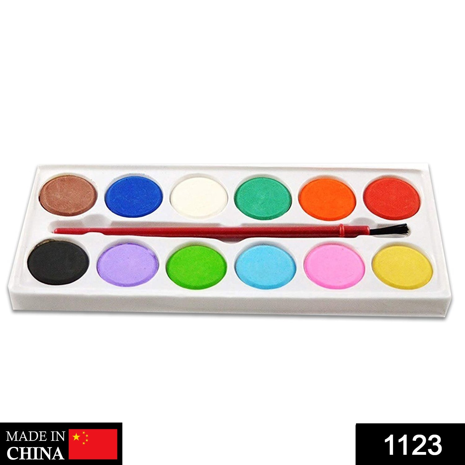 Vibrant watercolor kit featuring 12 cake shades and a single paint brush for art projects.