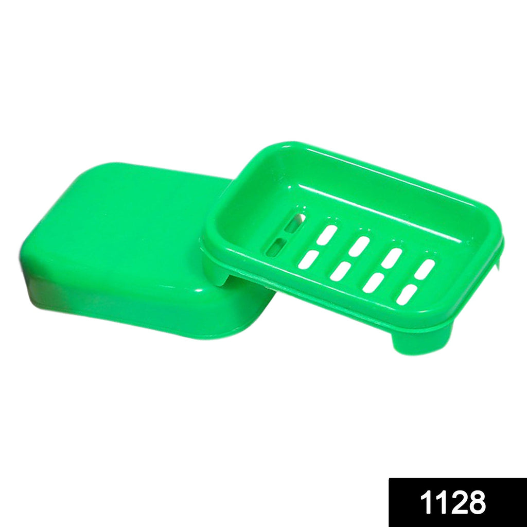Angled view of the plastic soap holder with its clear protective lid.
