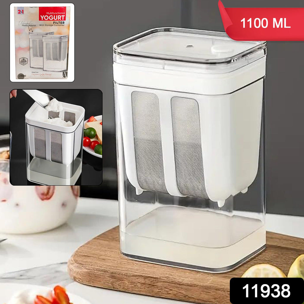 Yogurt strainer components including stainless steel mesh and plastic container