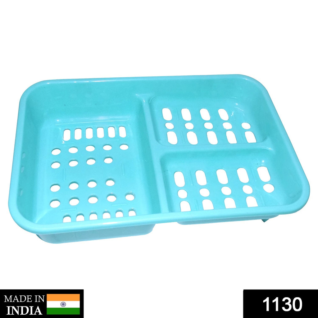 Organized bathroom counter featuring a multi-section plastic soap holder keeping bars dry.
