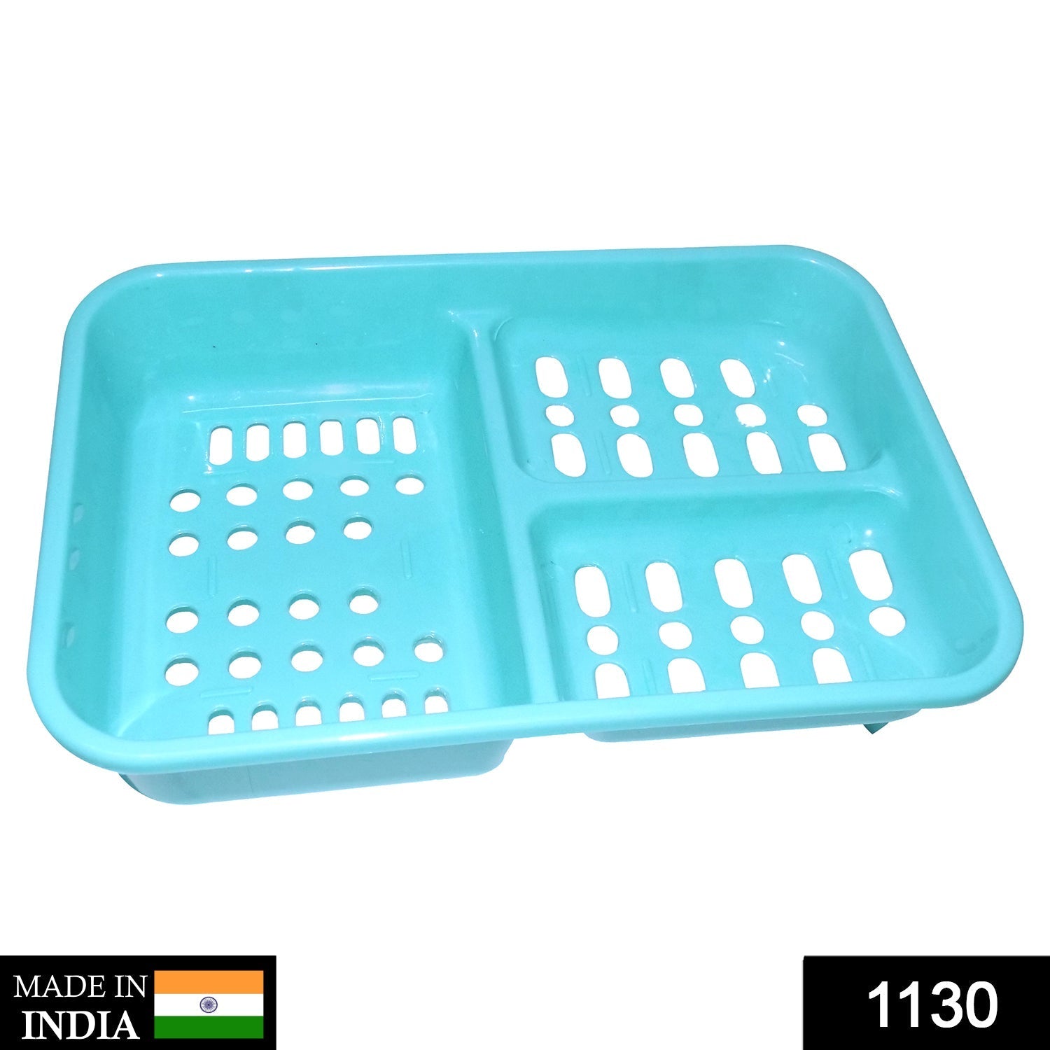 Organized bathroom counter featuring a multi-section plastic soap holder keeping bars dry.