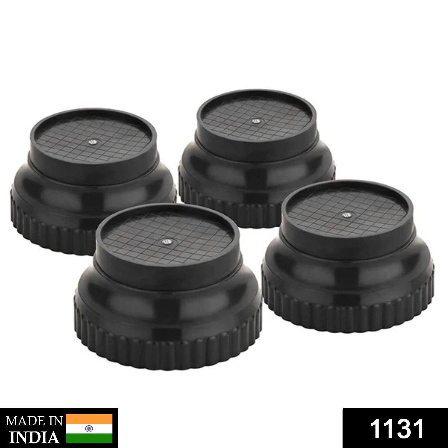 Set of four round black plastic furniture leg risers, ready for installation.