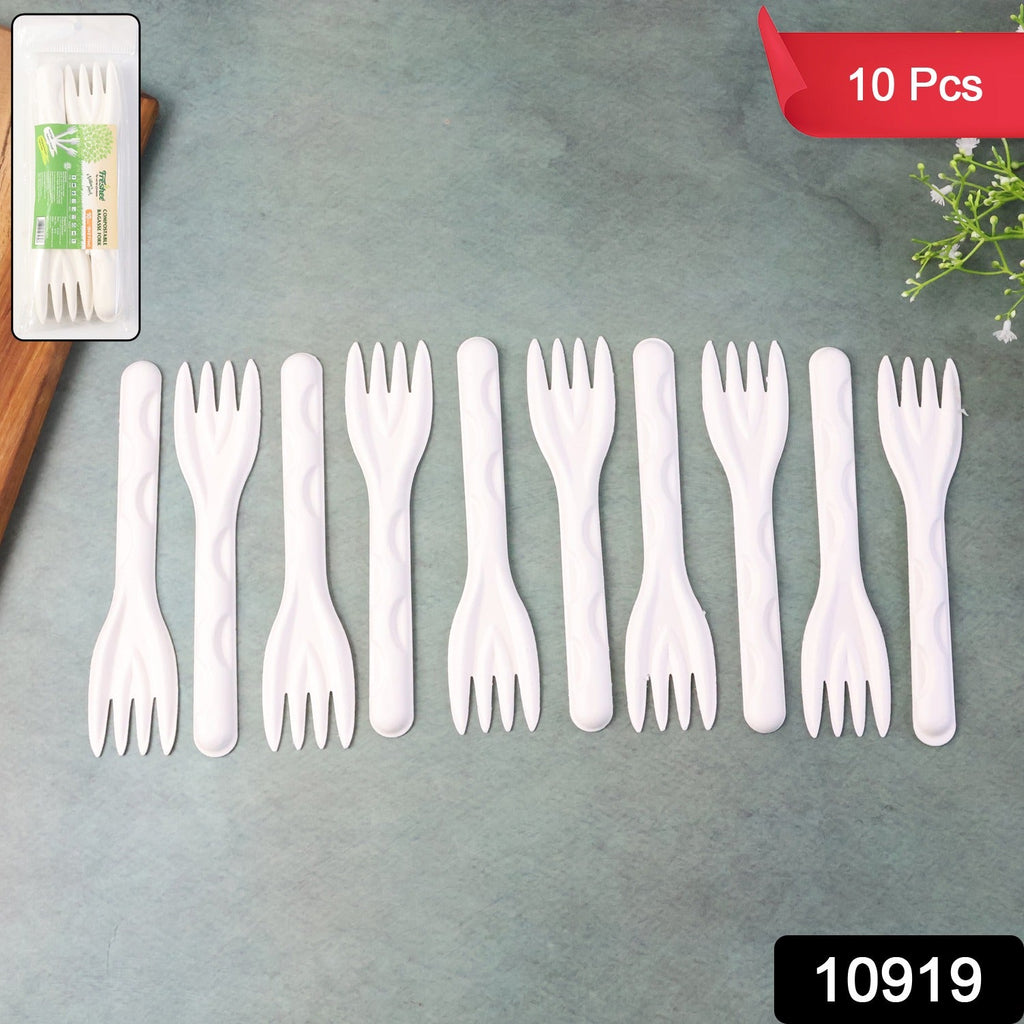 Pack of 10 compostable bagasse forks showcasing sustainable disposable cutlery