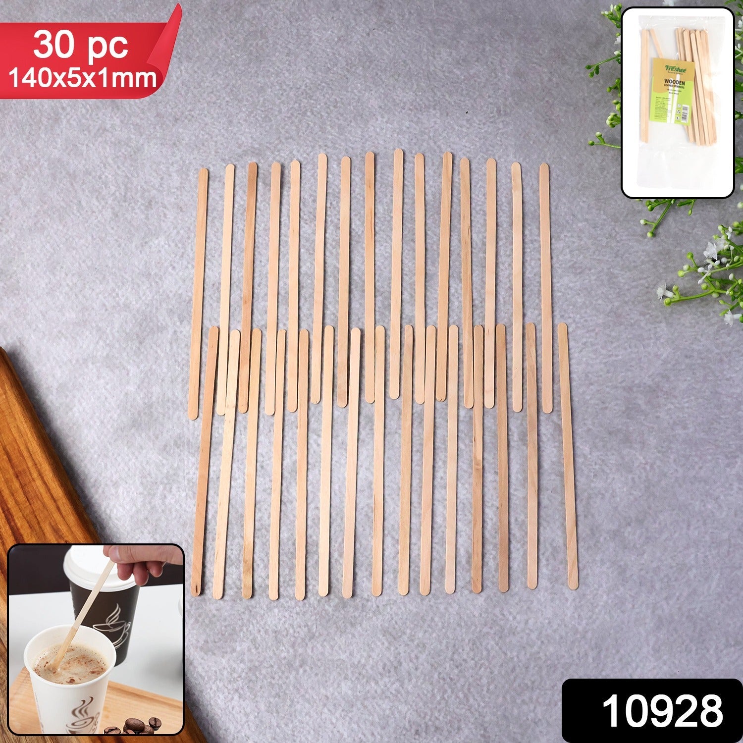 Pack of 30 wooden coffee stirrers in eco-friendly packaging