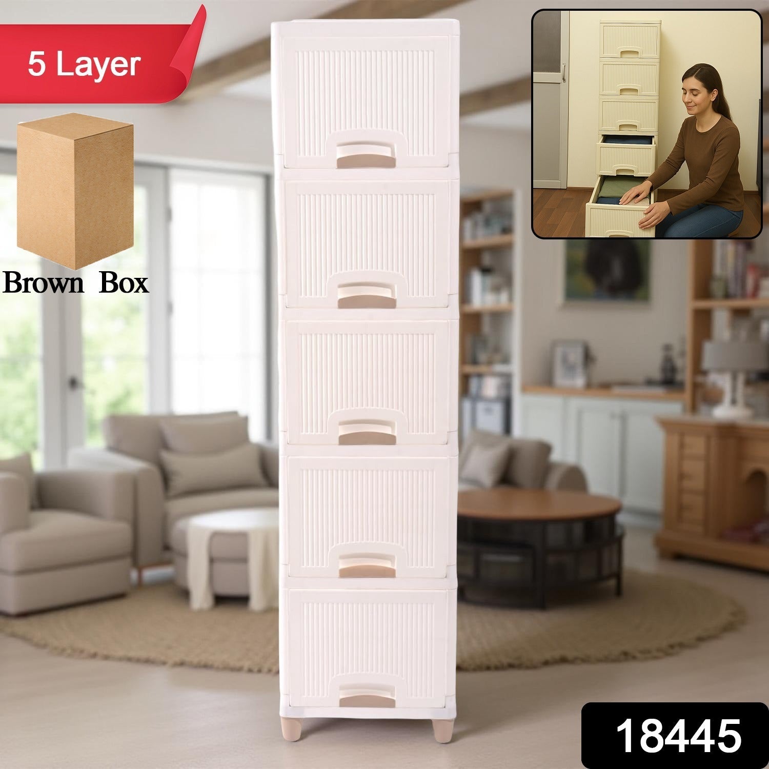 Side view of plastic storage drawer cabinet showing spacious 5 drawers