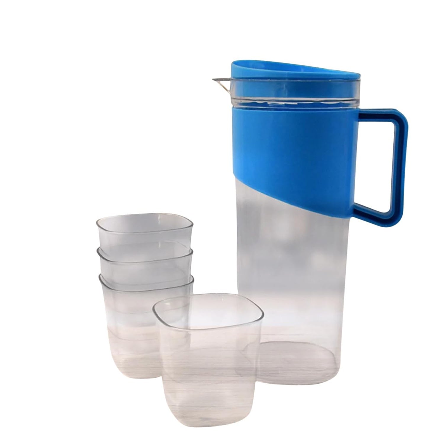 Plastic transparent water jug with four included plastic glasses