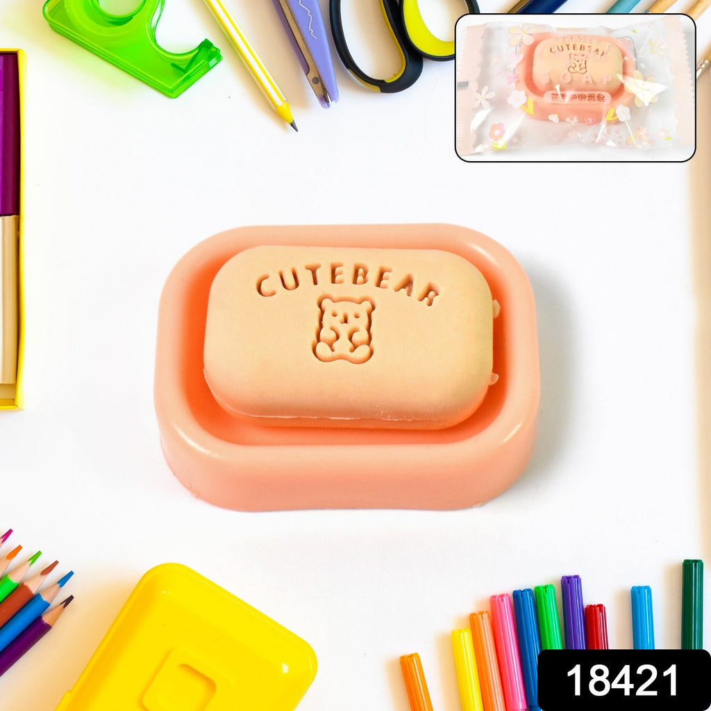 Bright soap-shaped eraser with plastic case, ideal for students
