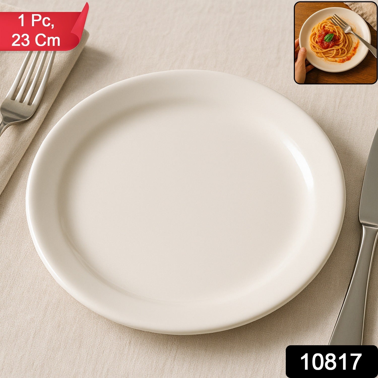 White 23 cm round plate ideal for serving meals and snacks