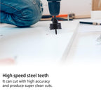 A side view of a carbon steel hole saw, emphasizing its robust construction and cutting edge.