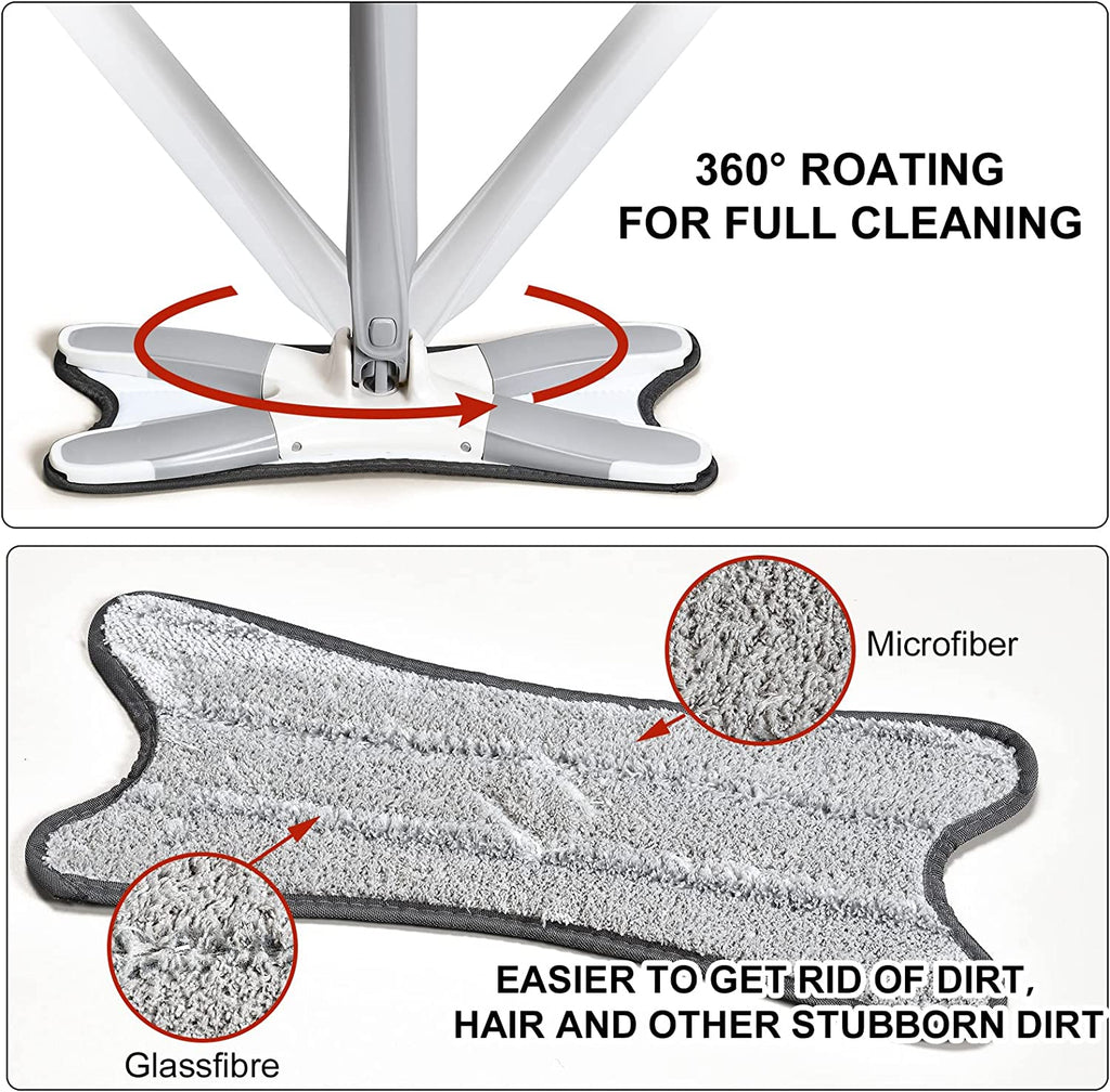 X-shape microfiber flat mop with a hands-free squeeze feature for quick wringing.