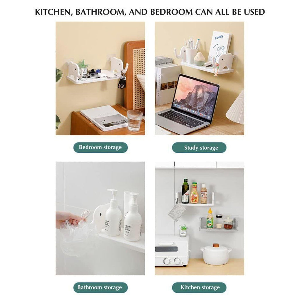 Compact elephant wall shelf organizing essentials in a kitchen.