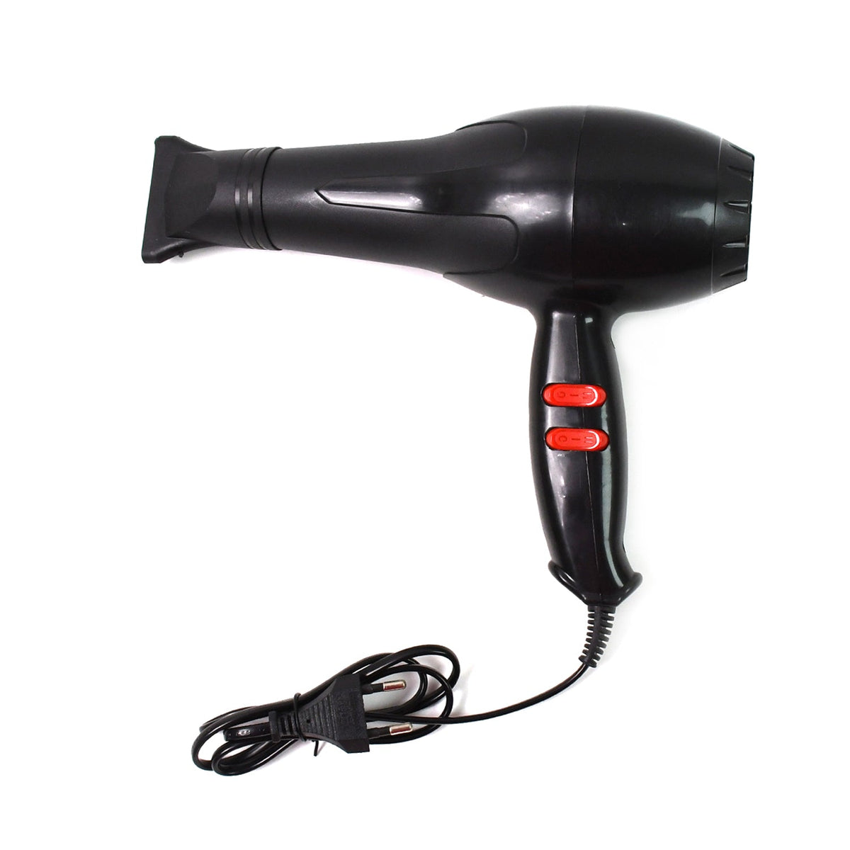 Professional hair dryer with nozzle attachment on a white background.