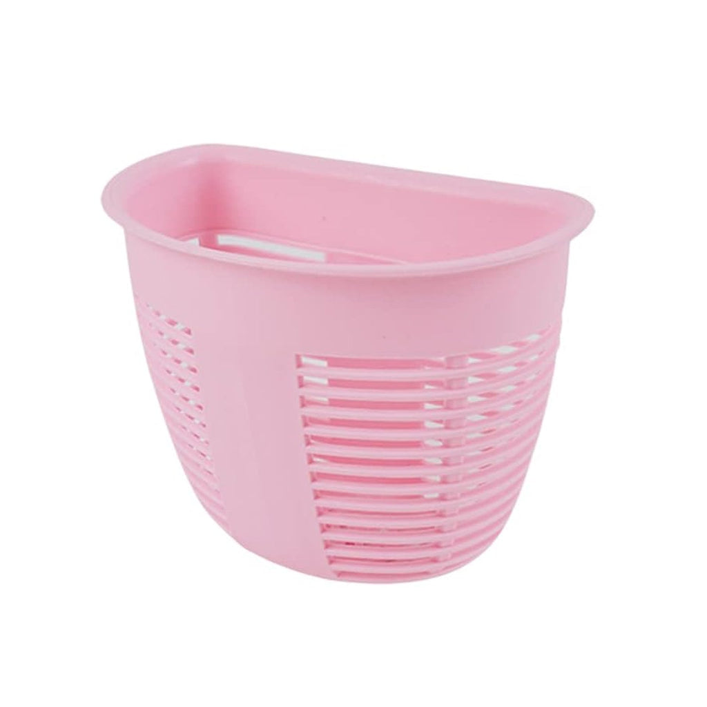 Kitchen organizer basket mounted next to a sink, holding sponges and dishwashing liquid.