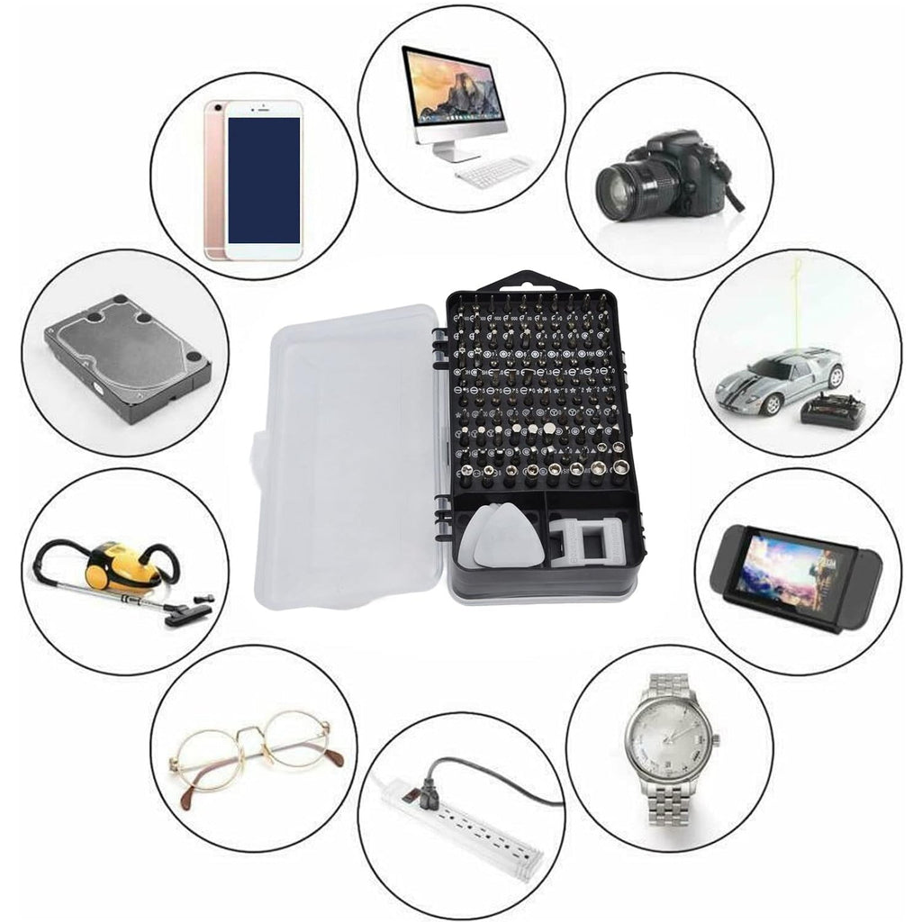 Tools from the precision screwdriver kit shown on a flat surface