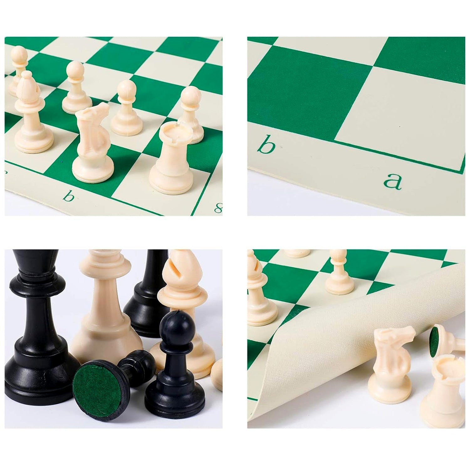 Plastic chess pieces set included with compact foldable vinyl chessboard