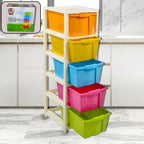 5-layer modular drawer organizer in a living room setting, showcasing ample storage.
