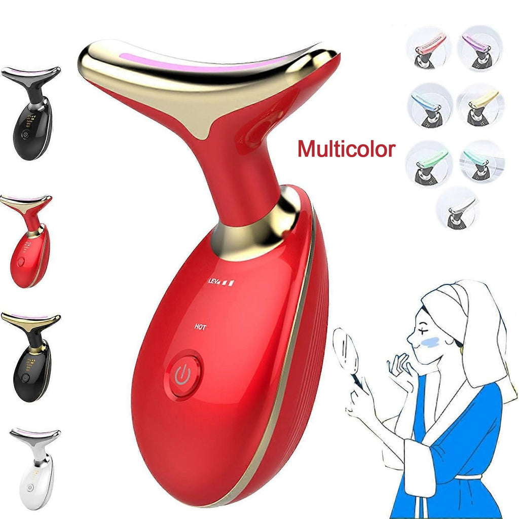 Woman using an LED photon face beauty device
