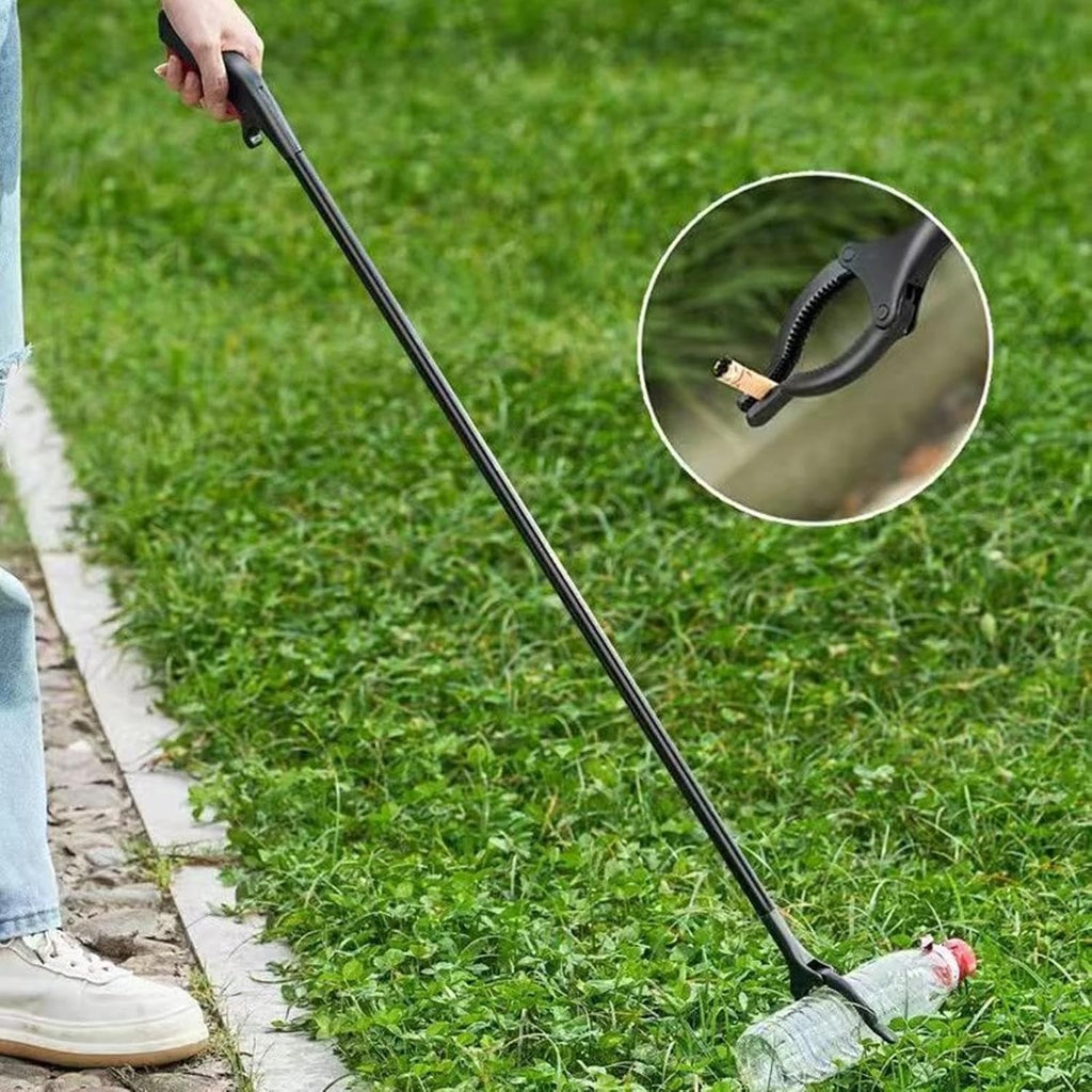 Elderly person effortlessly using the pick up stick for waste collection in a garden.