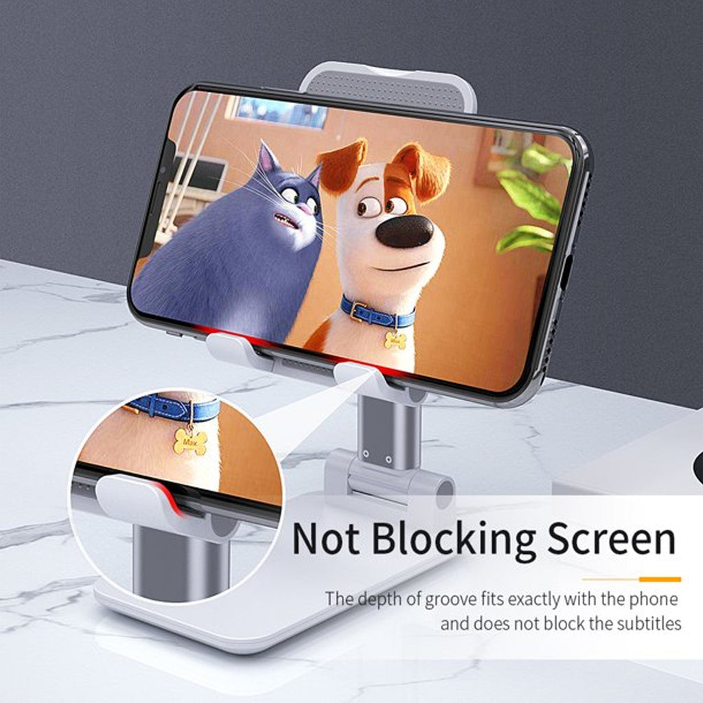 The 3-way adjustable phone stand with a mirror, set up for video calls.