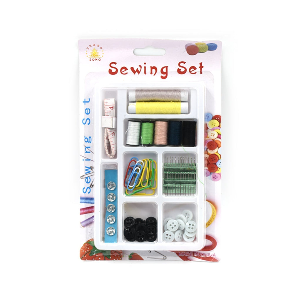 Portable 62-piece sewing set with organized compartments for easy use at home or on the go.