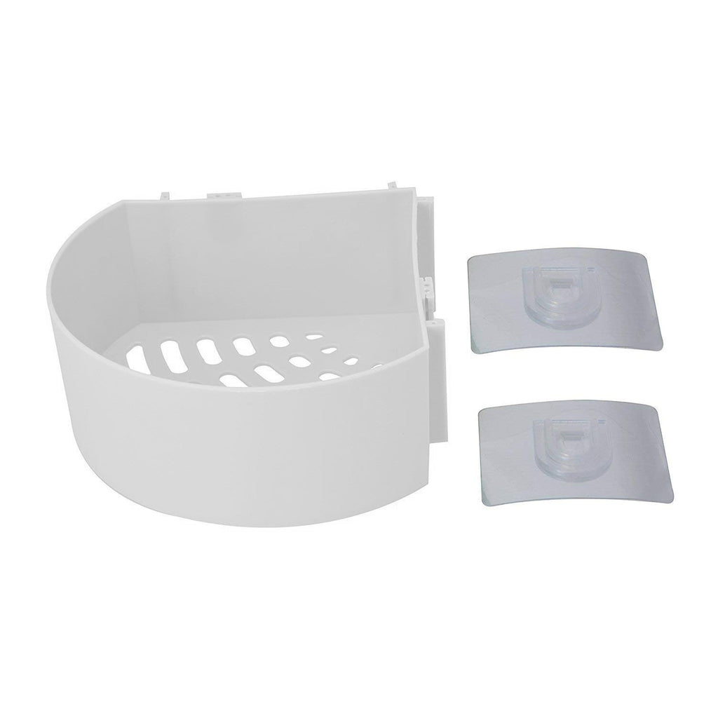 Compact plastic corner rack holding toiletries and spices.