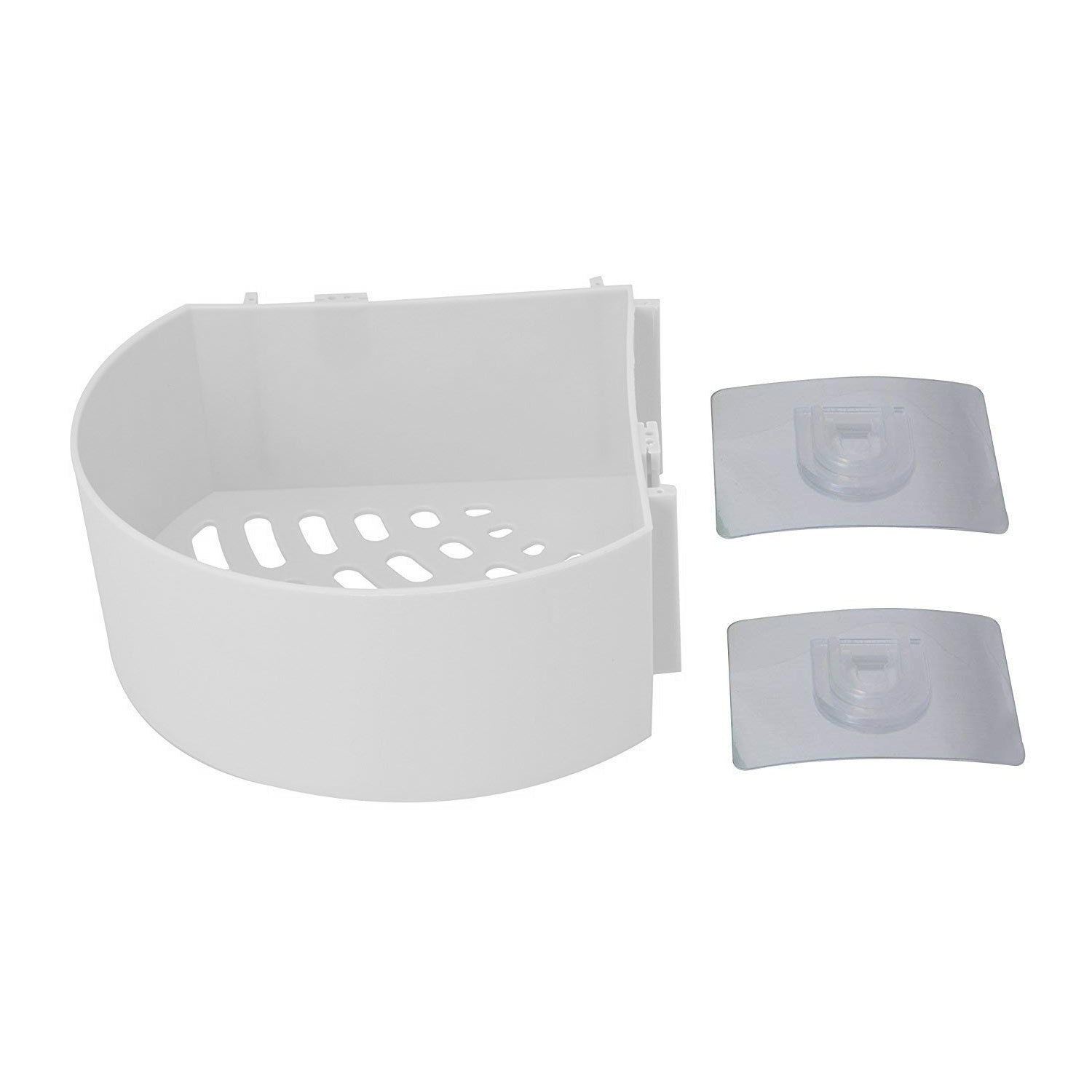 Compact plastic corner rack holding toiletries and spices.