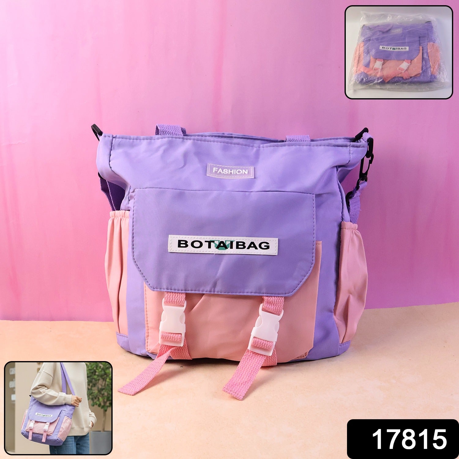 Stylish women's multi-pocket shoulder tote handbag displayed