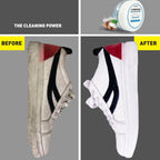 Before and after comparison showing effective shoe stain removal on a white sneaker.