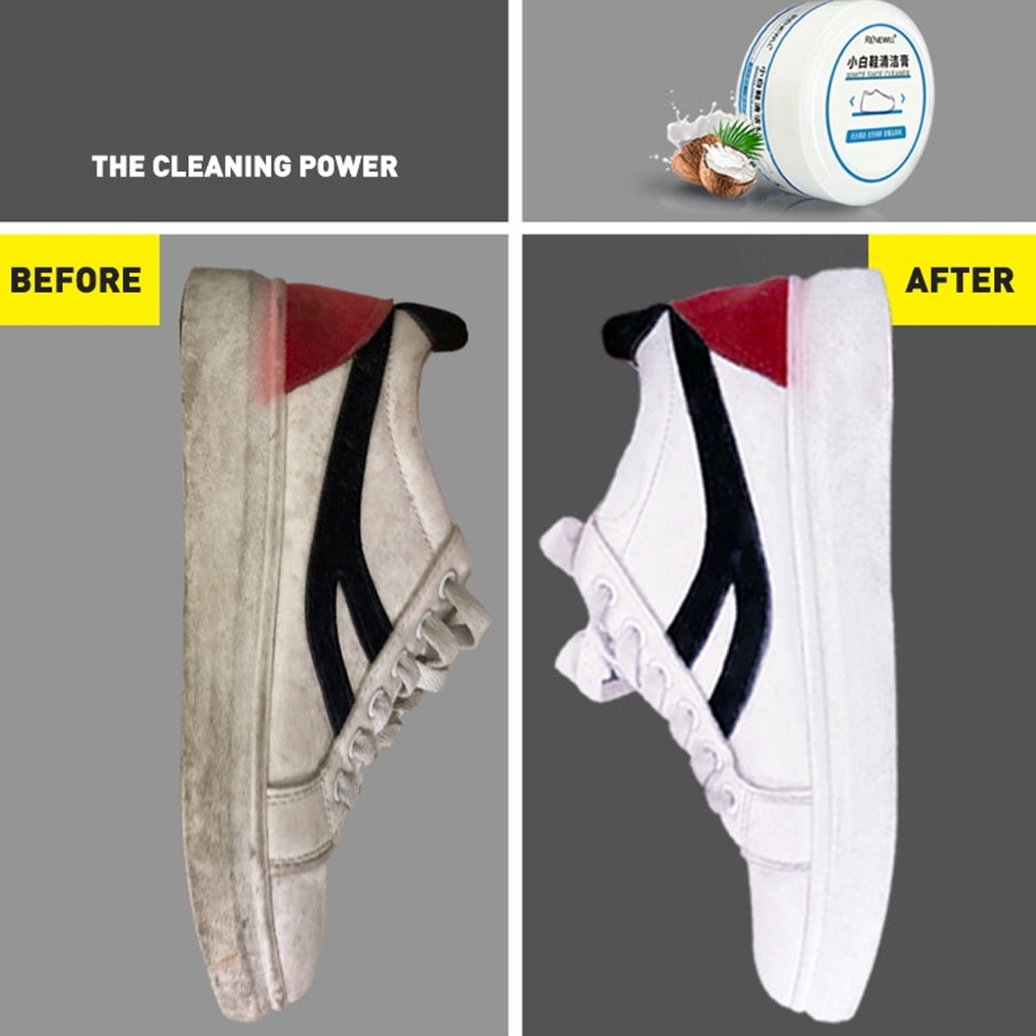 Before and after comparison showing effective shoe stain removal on a white sneaker.